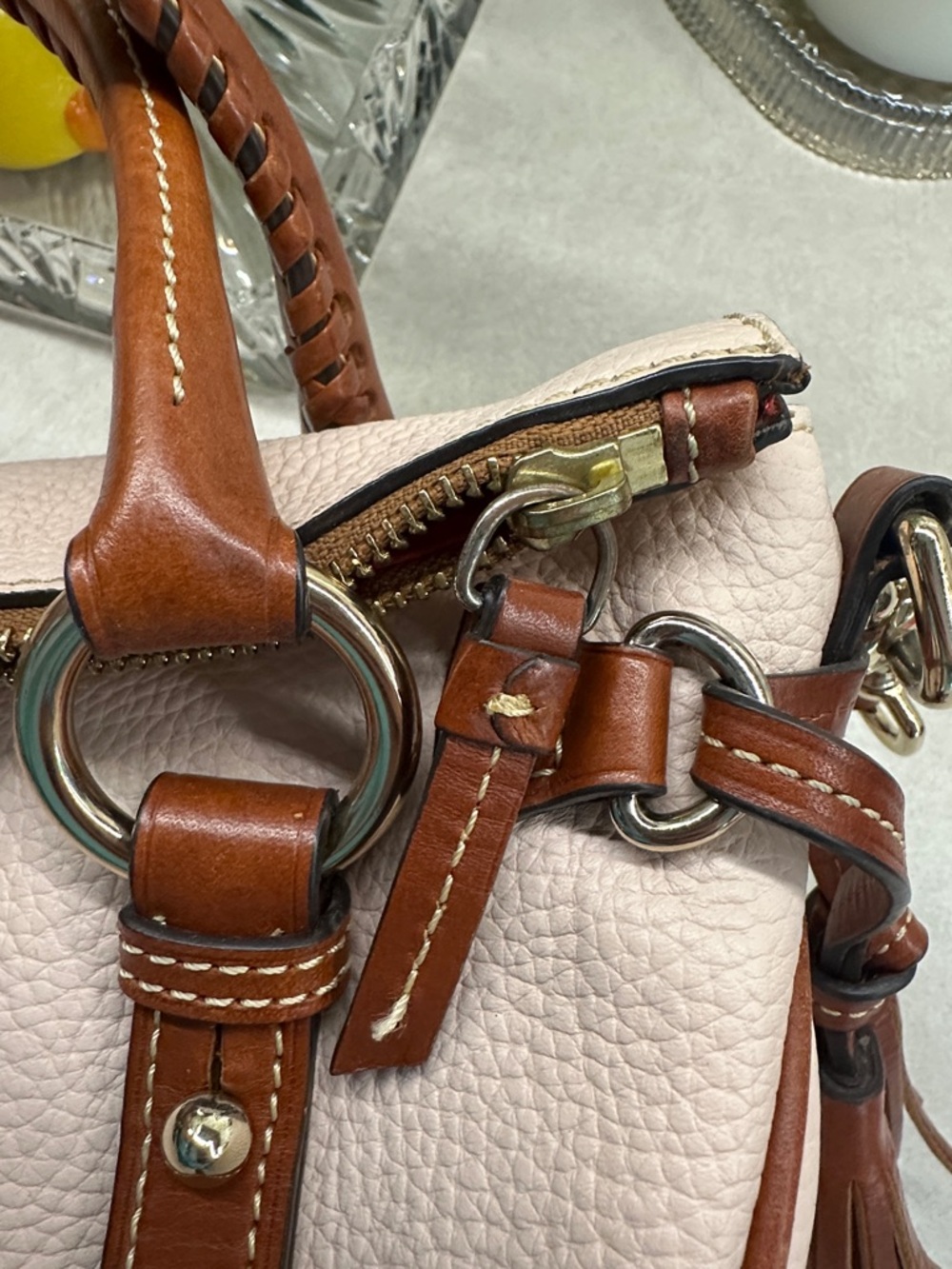Dooney & Bourke Pink Pebble Leather Satchel with Brown Trim - Picture 5 of 9